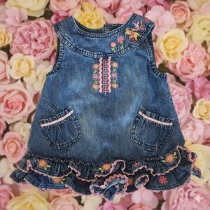 Y2k 02 Disney Winnie the Pooh Denim Dress Girl Pink Embroidered Flowers Ruffles